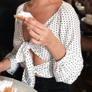 Tie Front Long Sleeve Top in Mini Polka Dot- M